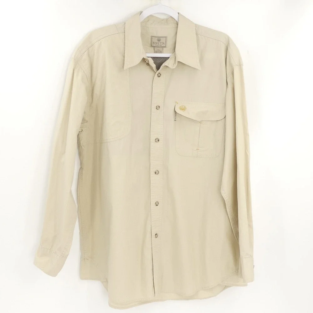 Beretta‎ Men's Large Tan Shooting Hunting Long Sleeve Casual Button Down Shirt